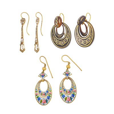 Lot 1111 - Three Pairs of Gold, Low Karat Gold, Silver, Diamond, Pearl, Enamel and Hardstone Pendant-Earrings