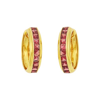 Lot 1083 - Ilaro Gold and Garnet Hoop Earrings