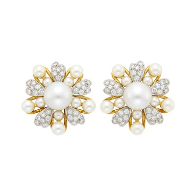Lot 213 - Tiffany & Co., Schlumberger Pair of Gold, Platinum, Cultured Pearl and Diamond 'Flowers and Bars' Earclips