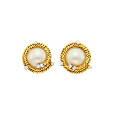 Lot 195 - Tiffany & Co., Schlumberger Gold, Platinum, Mabé Pearl and Diamond 'Rope Coil' Earclips