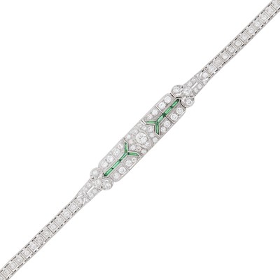 Lot 1224 - Platinum, Diamond and Simulated Emerald Bracelet