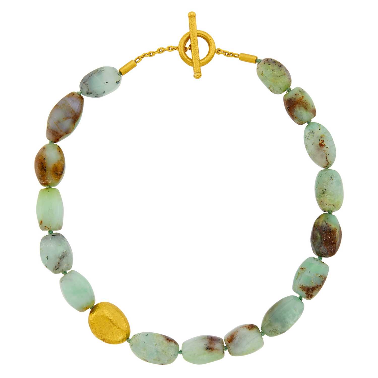 Lot 1149 - Yossi Harari High Karat Hammered Gold and Jade Bead Toggle Necklace