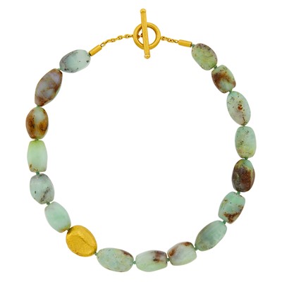 Lot 1149 - Yossi Harari High Karat Hammered Gold and Jade Bead Toggle Necklace