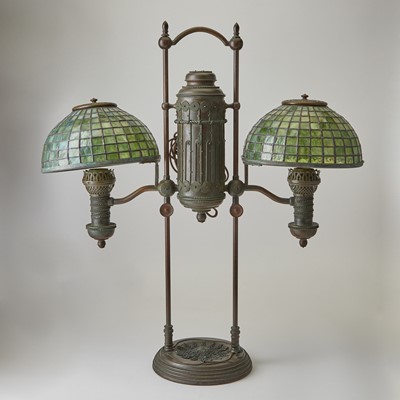 Lot 739 - Tiffany Studios Bronze and Leaded Glass Double  Student Lamp