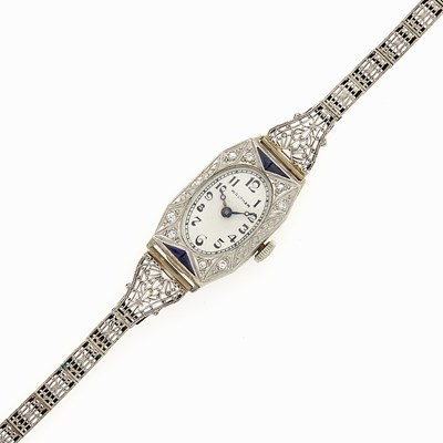 Lot 121 - Waltham White Gold, Diamond and Synthetic Sapphire Wristwatch