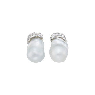 Lot 141 - Pair of White Gold, Baroque Cultured Pearl and Diamond Earclips
