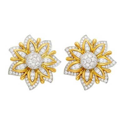 Lot 196 - Verdura Pair of Gold, Platinum and Diamond 'Primrose' Flower Earclips