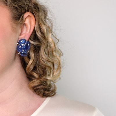 Lot 275 - Belperron Pair of Platinum, Cabochon Sapphire and Diamond Earclips