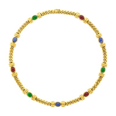Lot 1061 - Gold and Cabochon Colored Stone Curb Link Necklace