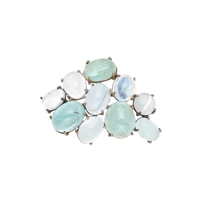 Lot 1018 - Gold, Cabochon Aquamarine and Moonstone Cluster Brooch