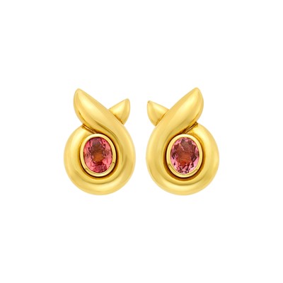 Lot 233 - Verdura Pair of Gold and Pink Tourmaline 'Cross-Over' Twisted Ribbon Earclips