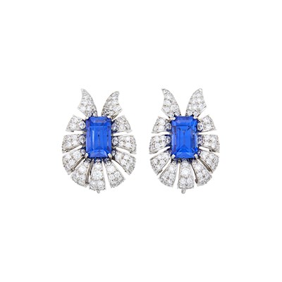 Lot 278 - Verdura Pair of Platinum, Sapphire and Diamond Earclips