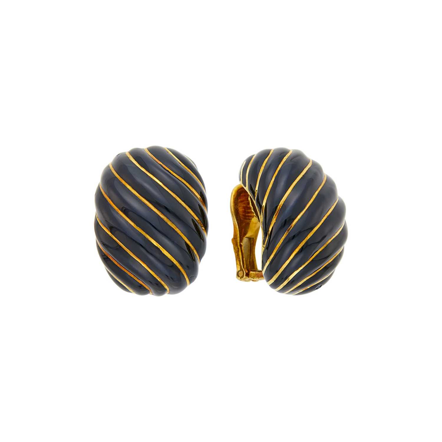Lot 58 - David Webb Pair of Gold and Black Enamel Bombé Earclips