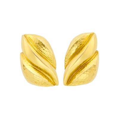 Lot 1064 - Andrew Clunn Pair of Hammered Gold Earclips