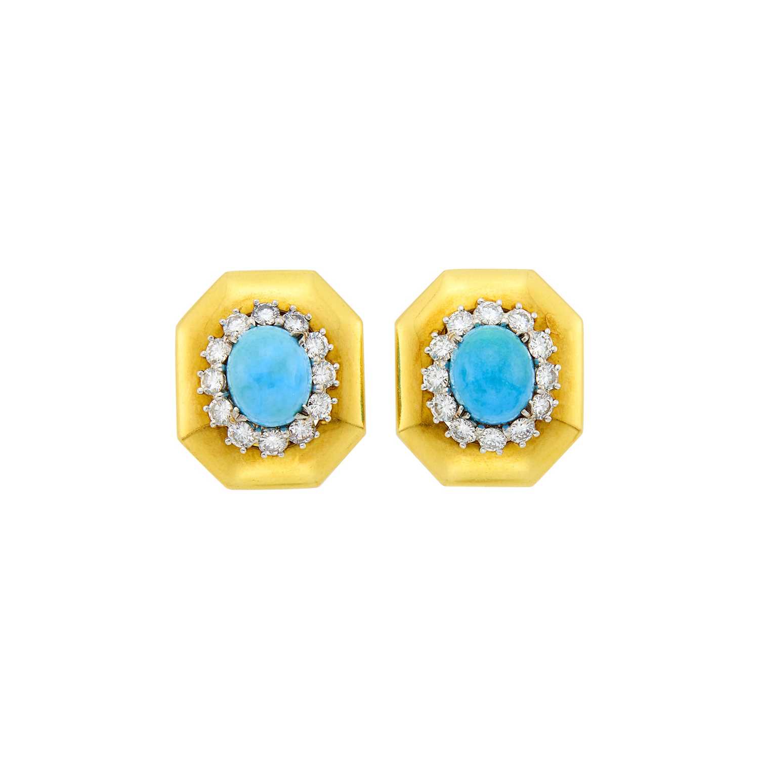 Lot 10 - Andrew Clunn Pair of Gold, Turquoise and Diamond Earclips