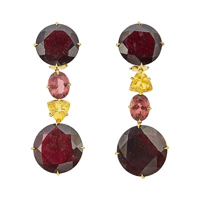 Lot 1222 - Maja Dubrul Pair of Gold, Garnet, Pink Tourmaline and Citrine Pendant-Earclips
