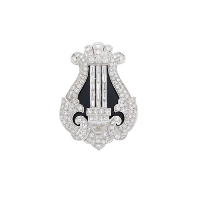 Lot 1215 - White Gold, Diamond and Black Onyx Lyre Harp Brooch