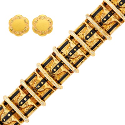 Lot 1071 - Antique Gold and Black Enamel Bracelet and Pair of Variegated Gold Earclips
