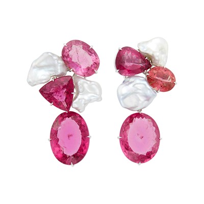 Lot 144 - Maja DuBrul Pair of White Gold, Pink Tourmaline and Baroque Cultured Pearl Pendant-Earclips