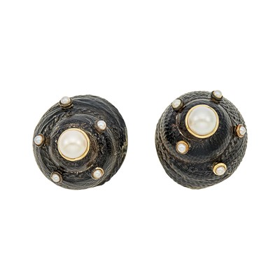 Lot 1048 - Maz Pair of Gold, Shell and Cultured Pearl Earclips