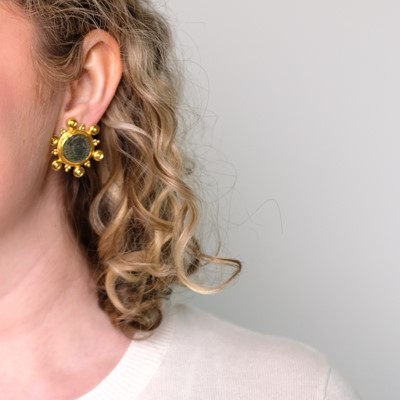 Lot 1095 - Pair of High Karat Gold and Ancient Bronze Coin Earclips