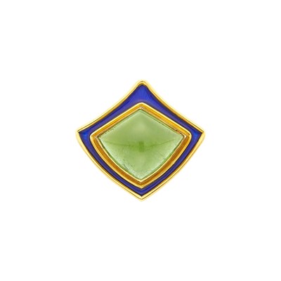 Lot 1120 - Elizabeth Gage Gold, Cabochon Tourmaline and Blue Enamel Ring