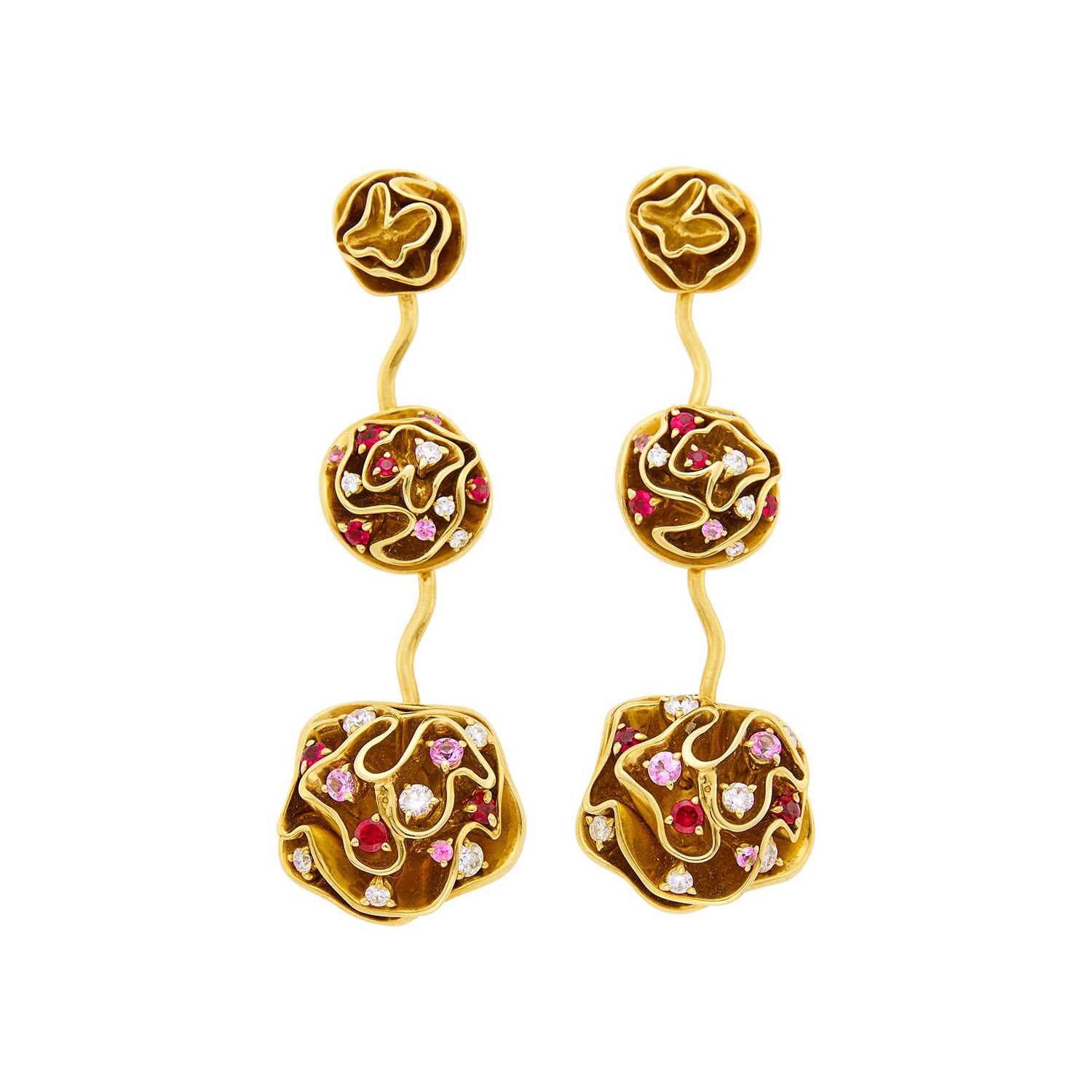 Lot 65 - Louis Vuitton Pair of Gold, Diamond and Gem-Set Pendant-Earrings, France