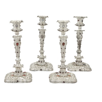 Lot 222 - Set of Four Silver Plated Glass and Colored Stone Set Candlesticks