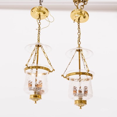 Lot 233 - Pair of Brass and Glass Three Light Lanterns