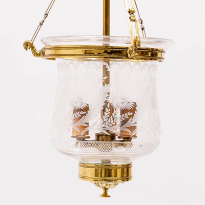 Lot 233 - Pair of Brass and Glass Three Light Lanterns