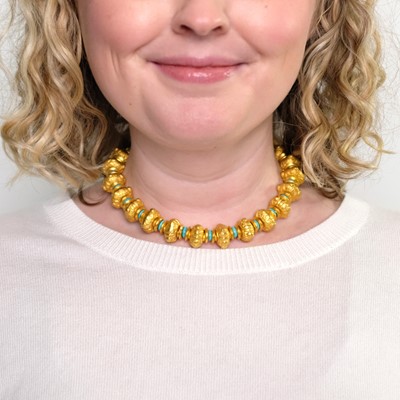 Lot 1006 - High Karat Gold and Turquoise Bead Necklace