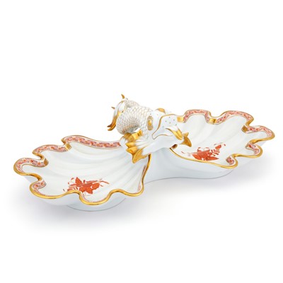 Lot 116 - Herend Porcelain 'Chinese Bouquet Rust' Pattern Dolphin-Form Double Serving Dish