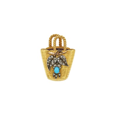Lot 1121 - Antique Gold, Silver, Turquoise and Diamond Basket Brooch