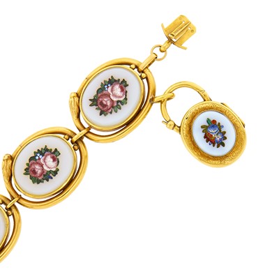 Lot 1087 - Antique Gold, Blue Chalcedony and Micromosaic and Locket Bracelet