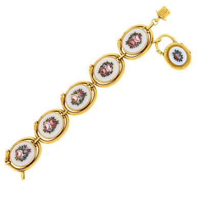 Lot 1087 - Antique Gold, Blue Chalcedony and Micromosaic and Locket Bracelet