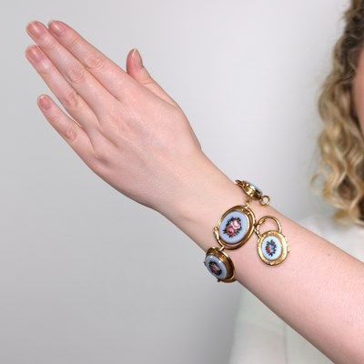 Lot 1087 - Antique Gold, Blue Chalcedony and Micromosaic and Locket Bracelet