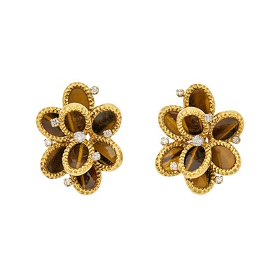 Lot 1203 - Pair of Gold, Tiger's Eye and Diamond Earclips, France