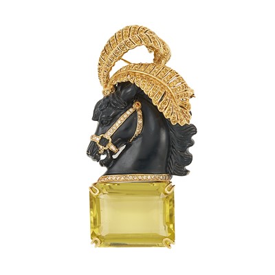 Lot 1047 - Silver-Gilt, Black Enamel, Simulated Diamond and Citrine Horse Head Brooch
