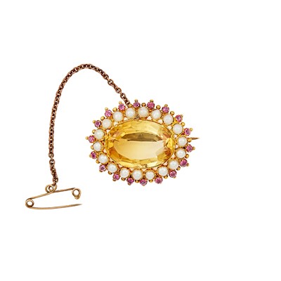 Lot 1119 - Antique Gold, Citrine, Pearl and Ruby Brooch
