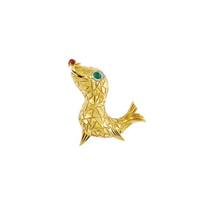 Lot 1022 - Two-Color Gold, Cabochon Emerald, Cabochon Ruby and Diamond Seal Pin, France