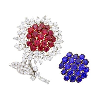 Lot 119 - Boucheron Platinum, Gold, Ruby and Diamond Flower Clip-Brooch with Interchangeable Sapphire Center