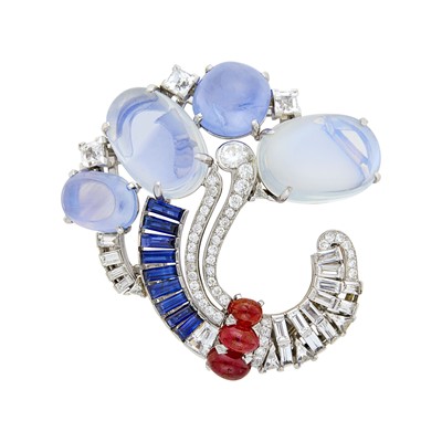 Lot 276 - Seaman Schepps Platinum, Moonstone, Gem-Set and Diamond Clip-Brooch