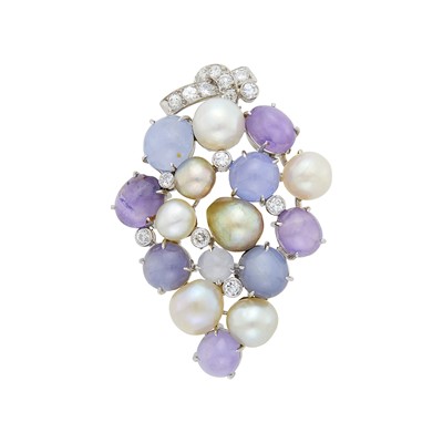 Lot 268 - Seaman Schepps White Gold, Multicolored Star Sapphire, Cultured Pearl and Diamond Pendant-Brooch