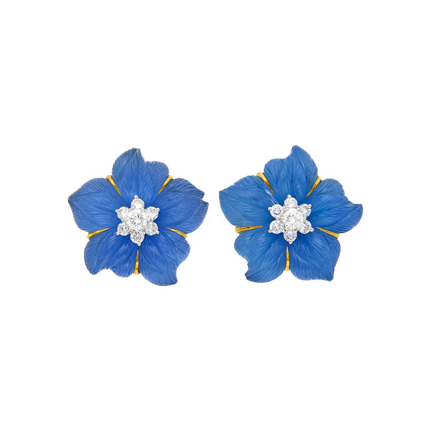 Lot 137 - Seaman Schepps Pair of Gold, Blue Chalcedony, Carved Crystal and Diamond 'Clematis' Earrings