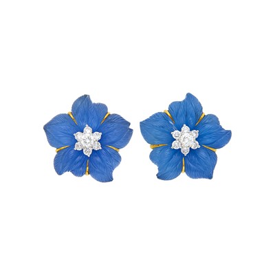 Lot 137 - Seaman Schepps Pair of Gold, Blue Chalcedony, Carved Crystal and Diamond 'Clematis' Earrings