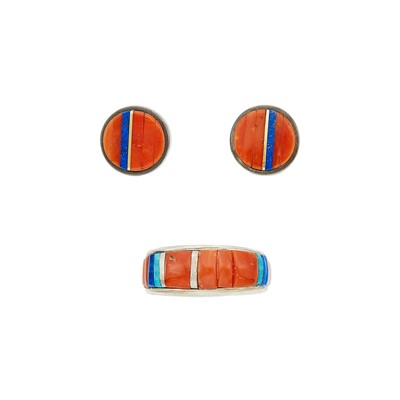 Lot 1056 - Charles Loloma Silver and Hardstone Band Ring and Pair of Stud Earrings