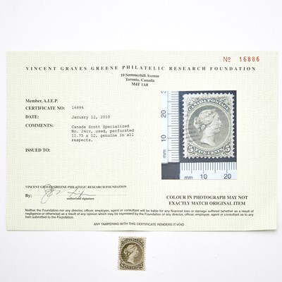 Lot 1061 - Canada 1875 5 Cent Olive Green Perforated 11.75 x 12 Scott Specialized 26iv