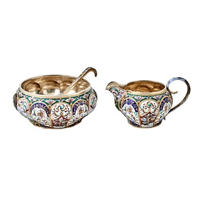 Lot 606 - Russian Silver and Cloisonné Enamel Cream Jug and Bowl with Spoon