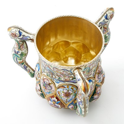 Lot 696 - Russian Silver-Gilt and Cloisonné Enamel Three-Handled Cup