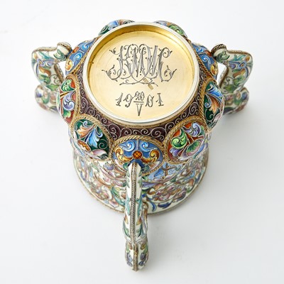 Lot 696 - Russian Silver-Gilt and Cloisonné Enamel Three-Handled Cup
